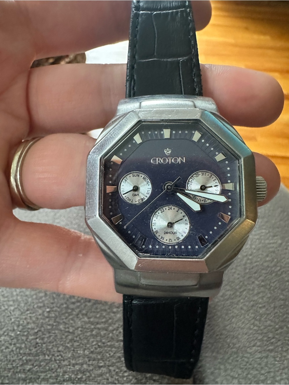 Croton Navy Dial Octagonal Multi-Function Men's Watch with Black Strap